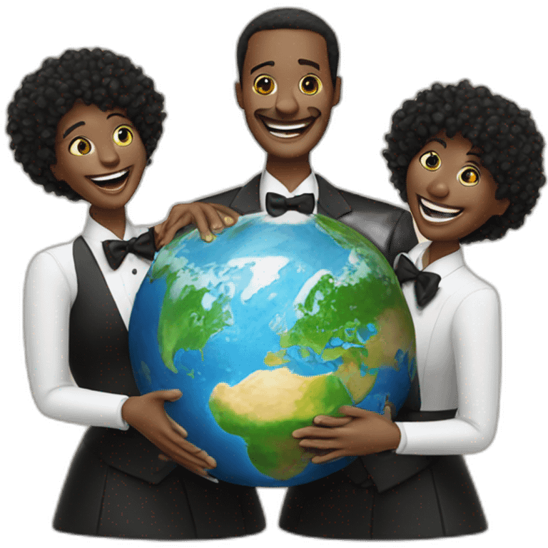 3 people in tuxedo laughing with their palms raised behind a miniature earth emoji