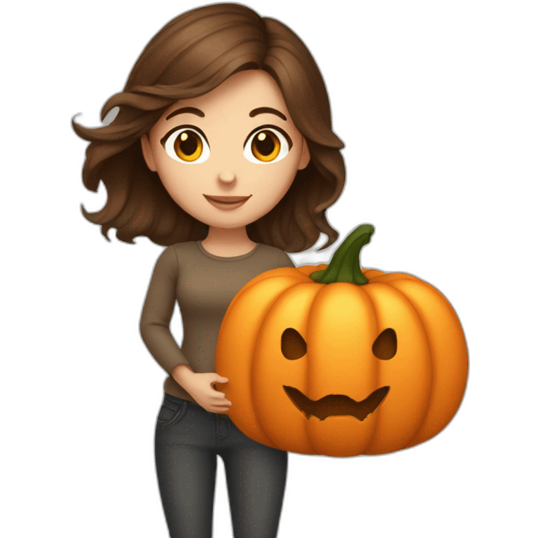 brown hair girl with pumpkin emoji