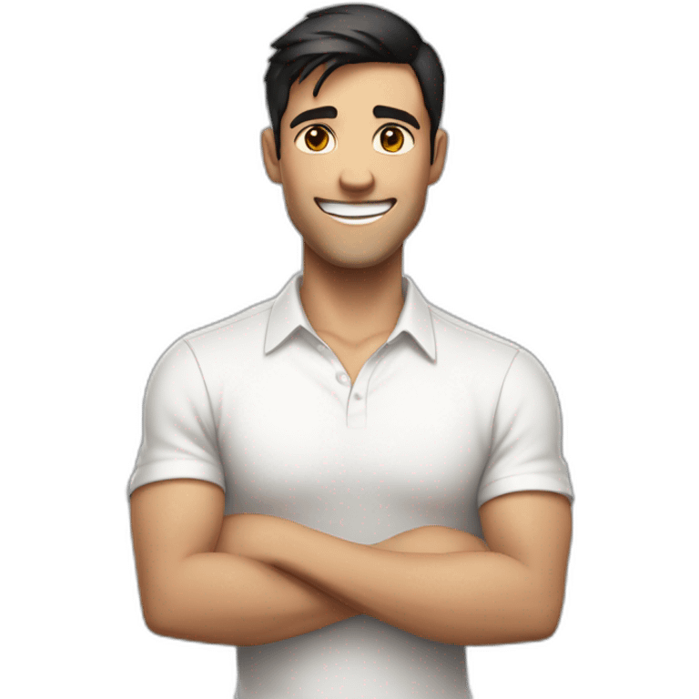 Men with white shirt, crossed arms, short dark hair, with a huge smile emoji