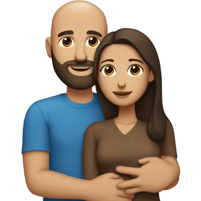 Comforting hug from brunette Puerto Rican with dark brown eyes wearing a cute blue top to short, bald man with brown eyes and a beard wearing a brown sweater emoji