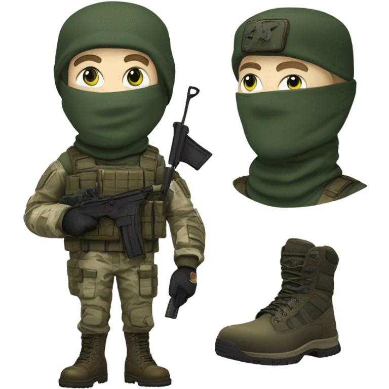 white male, pale skin, tall, call of duty Logan mask, green camo tactical gear, combat boots, beanie, hazel eyes emoji