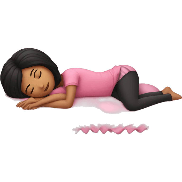 Girl with black hair sleeping in pink bed emoji