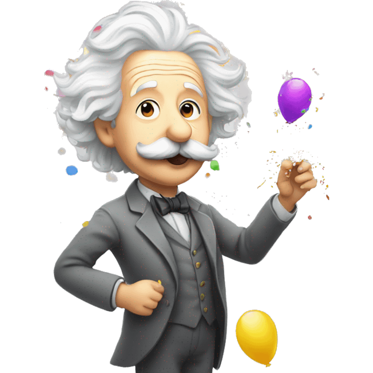 happy albert einstein shooting colorful confetti popper with partty baloons emoji