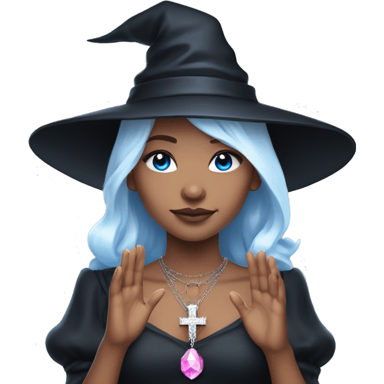 pale young witch wearing a low cut black dress, a pink crystal necklace, and a witch hat, with white hair and bright blue eyes, making prayer hands emoji