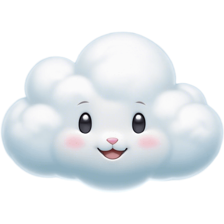 Cinematic tiny puffy bunny-shaped cloud, floating gently in the sky, soft glowing light, tiny rounded ears, smiling face, dreamy and magical. emoji