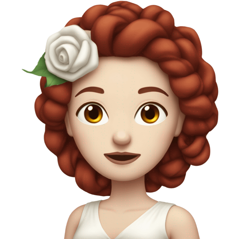 30-something pale-skinned woman with all her dark red hair coiled tightly up on her head, wearing a white dress emoji