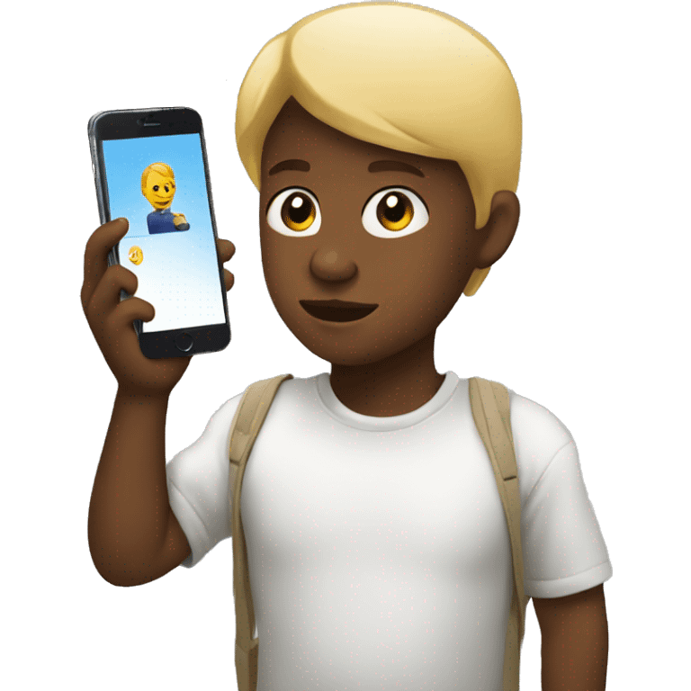 White child looking at a phone, front side emoji