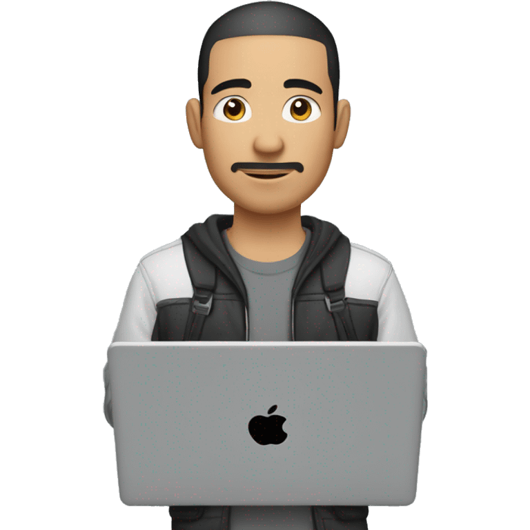 mexican man buzz cut hair with black stubble and black eyes in casual clothes, holding laptop. emoji