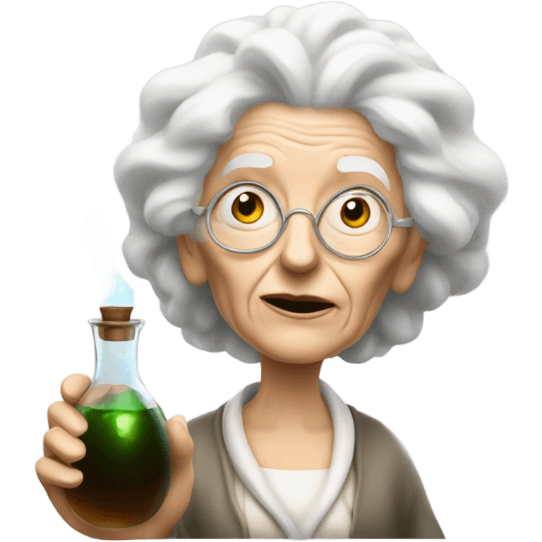 Crazy old lady with big white hair holding a potion bottle emoji