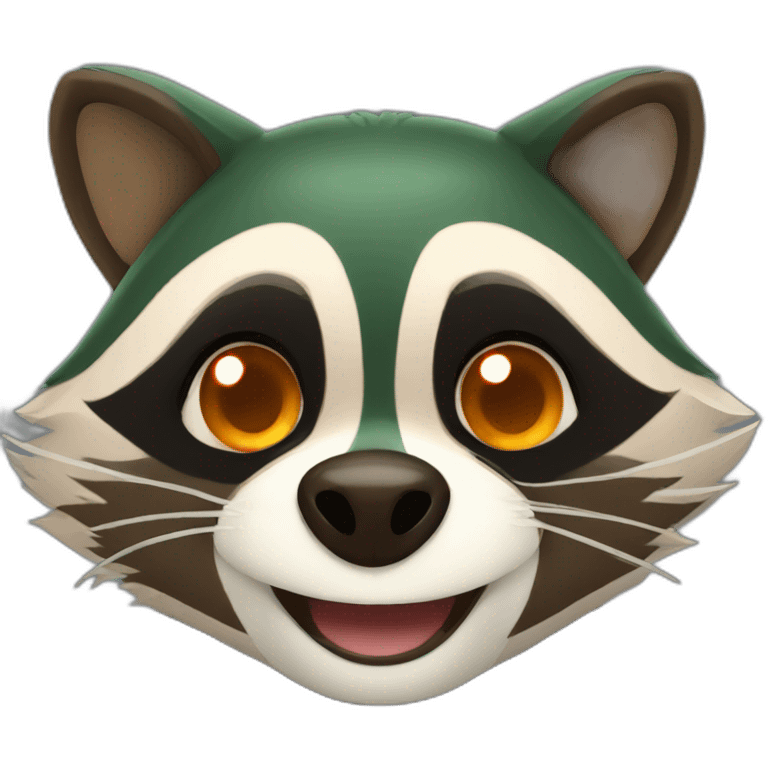 brown raccoon with orange eyes and a dark green hood that is laughing emoji