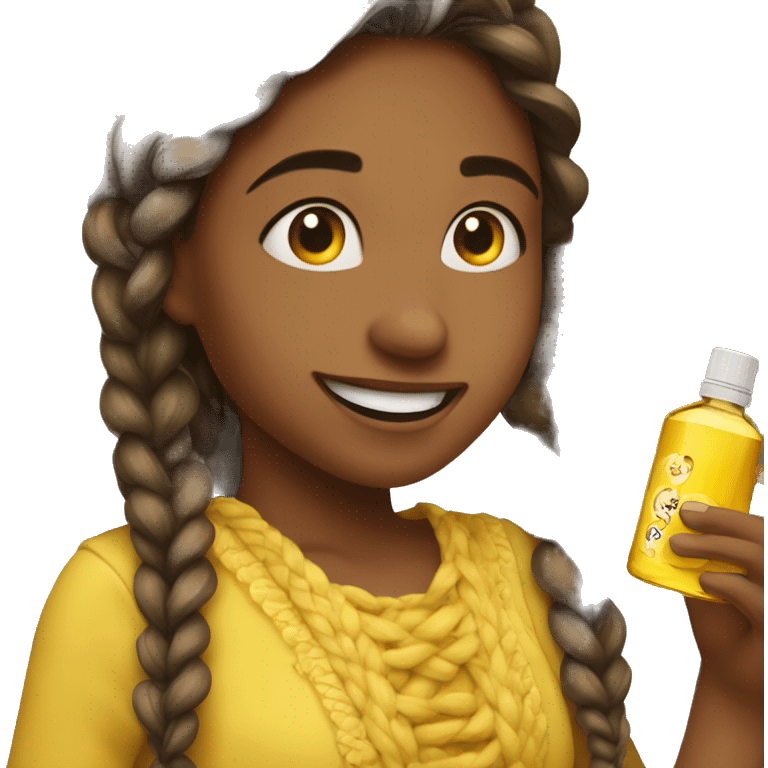 A girl who is happy while smelling aroma oil. She has long braided hair and is wearing a yellow dress. emoji