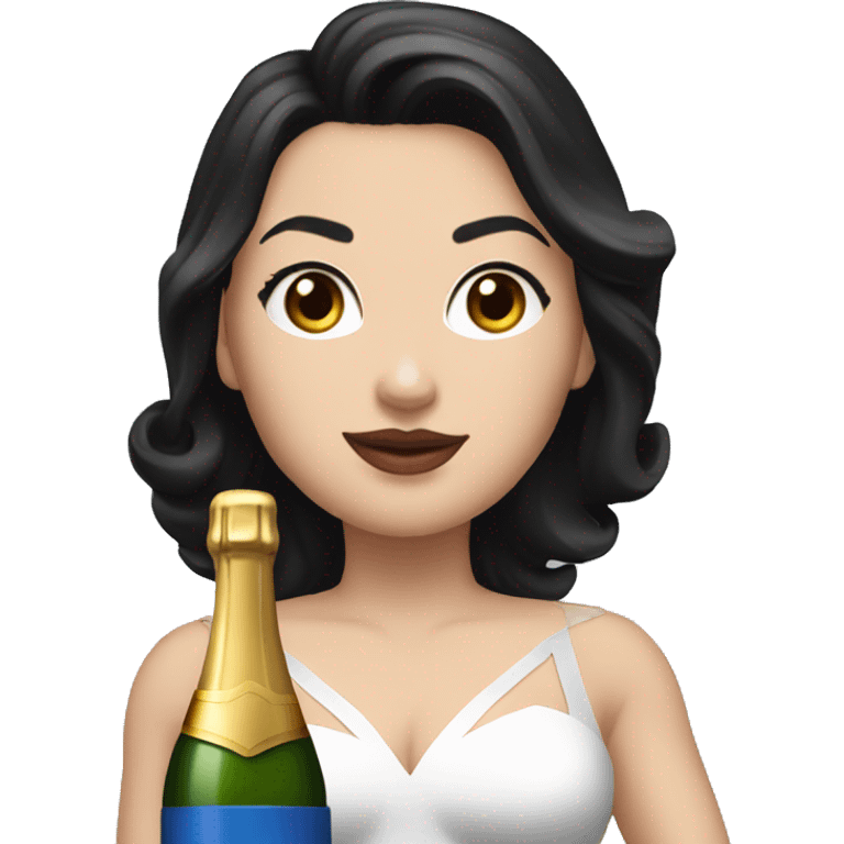 White girl in a superwoman costume with black hair and a champagne bottle emoji