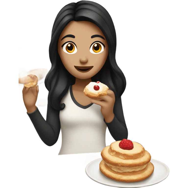 white girl with black hair eating pastry emoji