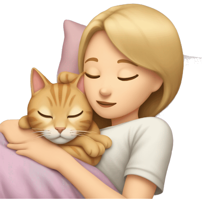 Beige cat sleeping with girl emoji