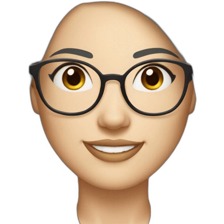 woman wearing glasses, round face, chubby cheeks, narrow eyes, shoulder length black hair, white skin, smiling emoji