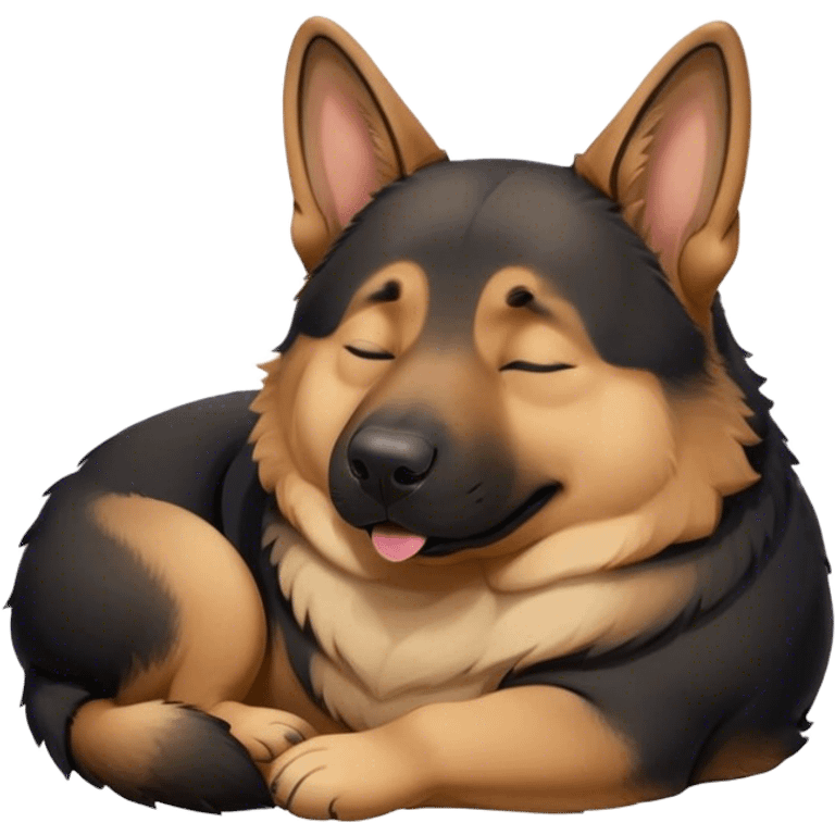 Cinematic Meme-Worthy Chubby Sleeping German Shepherd Portrait Emoji, Head resting peacefully with a blissful smile, showcasing a delightfully chubby build and a luxuriously thick tan and black coat, eyes shut in a serene nap, Simplified yet hilariously endearing features, highly detailed, glowing with a soft, drowsy light, high shine, relaxed and utterly lovable, stylized with an air of playful laziness, bright and heartwarming, soft glowing outline, capturing the essence of a comically sleepy guardian, so meme-worthy it feels like it could instantly become the next viral sensation of adorable slumber! emoji