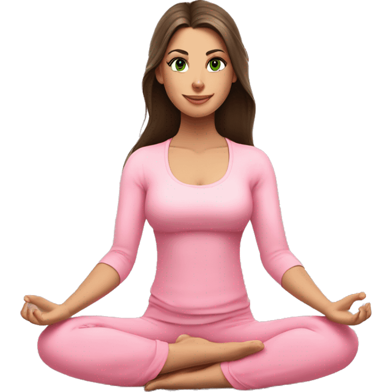 Brunette long hair and green eyes yoga beautiful girl in light pink pink pink clothes sitting on a yoga mat emoji