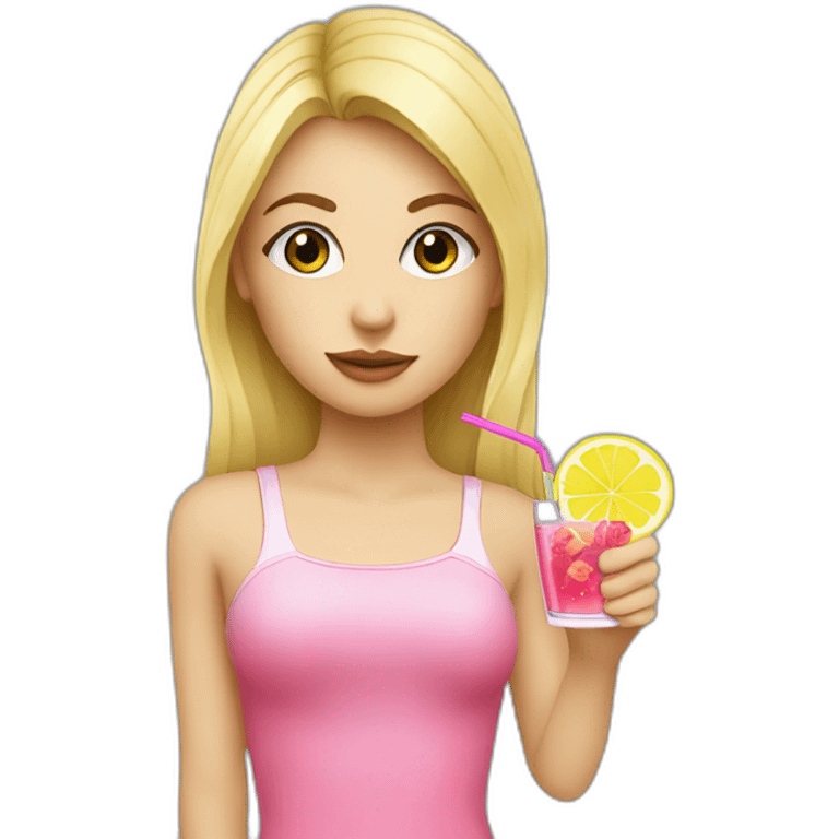 blonde girl straw drinking pink lemonade with one green lemon in the cup, with black watch emoji