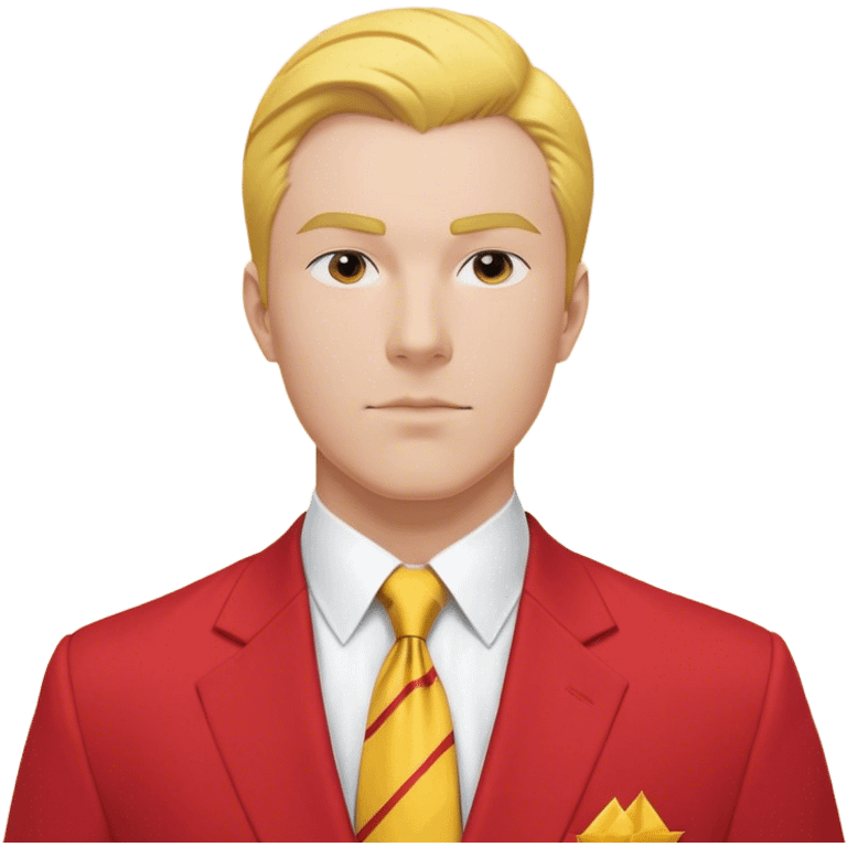 "A bust of a professional man dressed in a red and yellow business suit, symbolizing career opportunities and success. He has a confident expression, short well-groomed hair, and a sharp, determined look. The suit consists of a red blazer with yellow accents, a neatly buttoned yellow dress shirt, and a red tie. A bright upward arrow (📈) is positioned beside him, representing career growth. The man’s bust is stylized with clean lines, focusing on his upper torso and face. The background is plain white, maintaining a professional and modern business-themed design. emoji