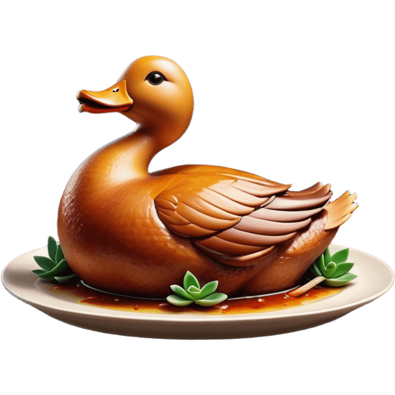 Cinematic Realistic Peking Duck Dish Emoji, depicted with crispy, roasted duck with glistening skin and succulent meat, rendered with rich textures and dramatic, appetizing lighting. emoji