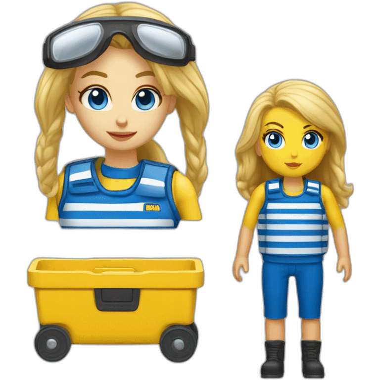 Ikea coworker blue eyes blond woman blue stripes t-shirt and yellow security vest with trolley scan emoji