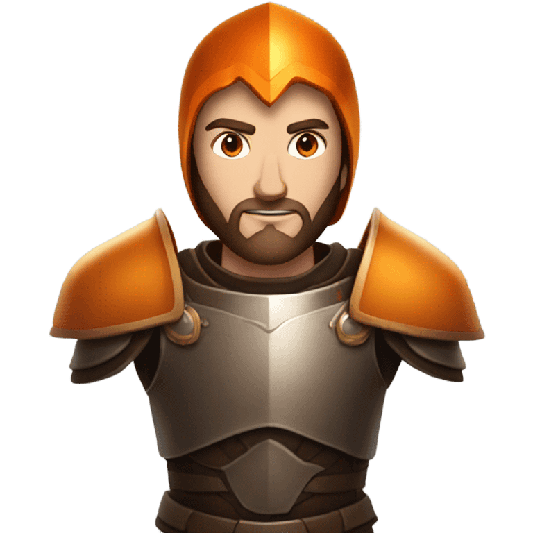 Confident White Man with dark brown hair and a short beard wearing large orange plate armor and eyes made out of orange light emoji