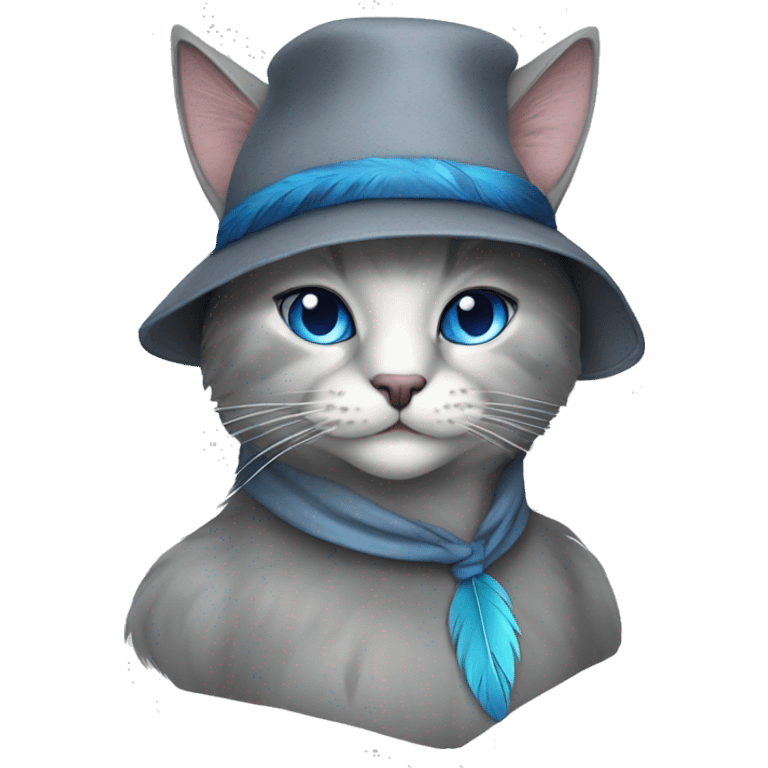 Anthro grey cat blue eyes hat with feather emoji