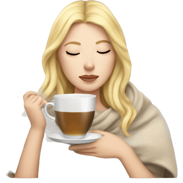 White Girl with blonde hair sipping tea with eyes closed and blanket  emoji