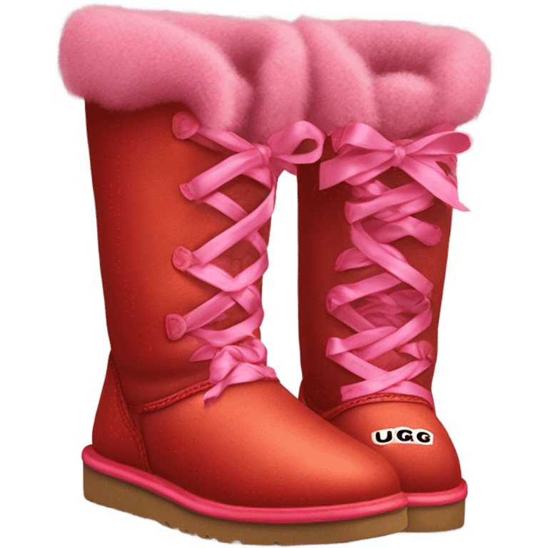 Pair of hyper Realistic Red Ugg Fur Boots laced out with pink silk ribbon laces at the back of them. emoji