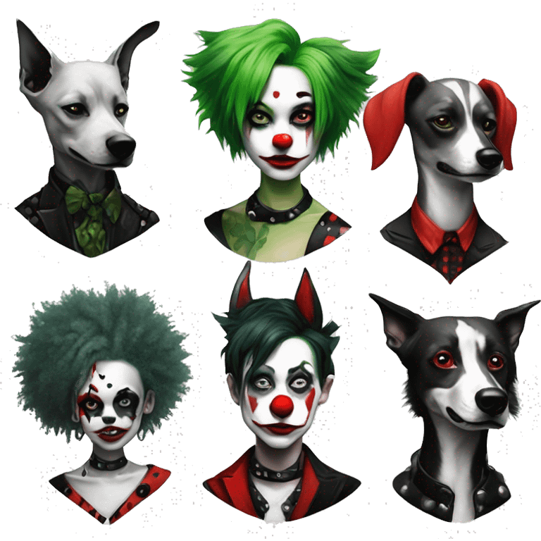 Punk Green gray black red punk dog joker Harley Quinn mime clown harlequin facepaint tattoos punk lurcher surrealism  emoji