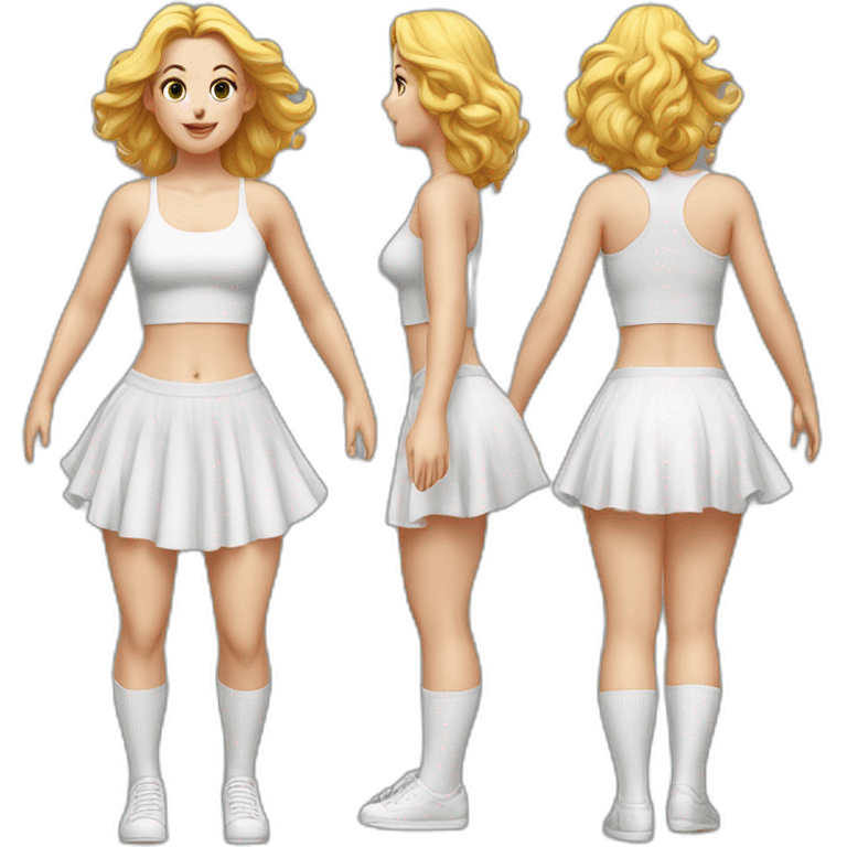 hyperrealistic-full-body-caucasian-curvy-beauty-jumping-small white-skirt-back-and-front-views-strong-wind-knickers white socks emoji