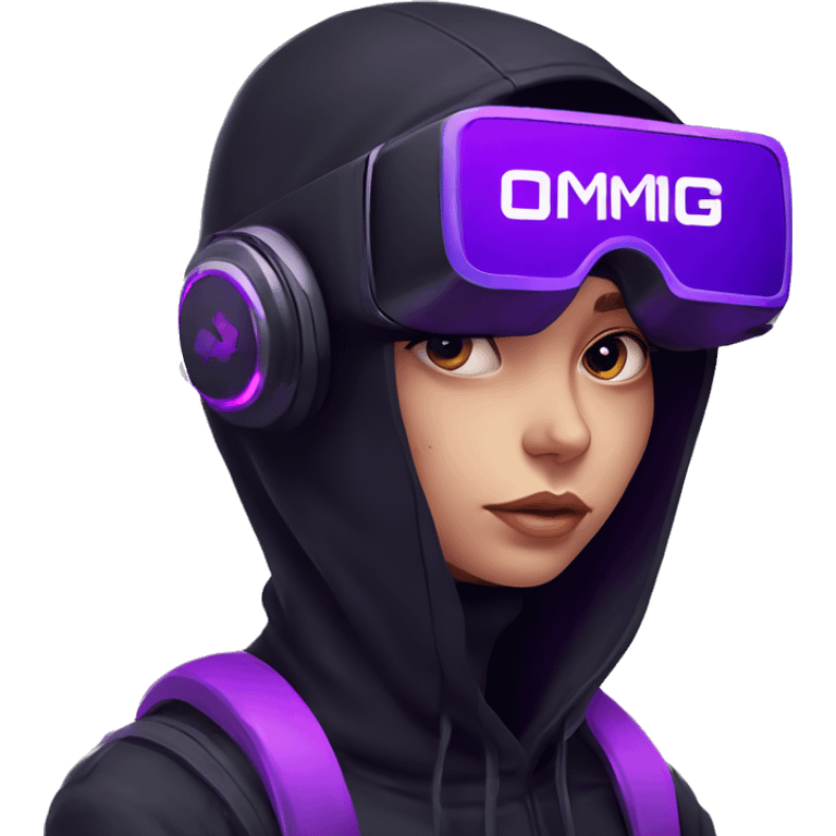 Russian girl wearing black hoody with violet letters "OMG", in vr headset. Cyberpunk style. Violet neon. emoji