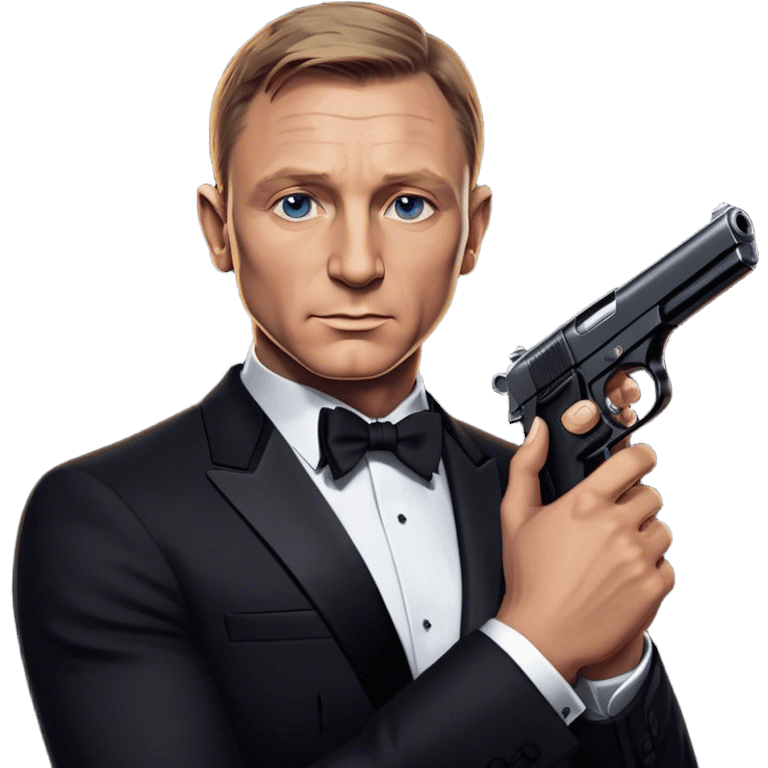 Cinematic Realistic James Bond Daniel Craig Portrait Emoji, depicted as the ultimate suave and enigmatic secret agent, donning a sharply tailored tuxedo, gripping a sleek handgun, with a piercing gaze that exudes confidence and danger. The scene is infused with moody, high-contrast cinematic lighting, evoking the thrilling world of espionage and intrigue. emoji