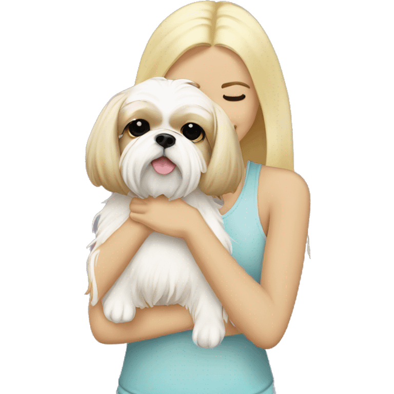 blonde girl with cream shih tzu hugging emoji