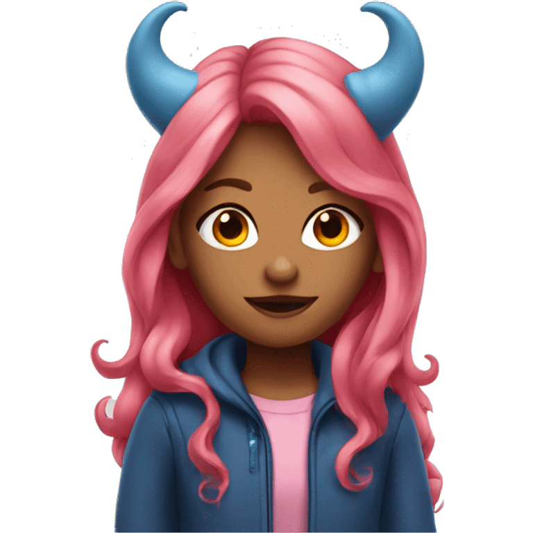 Girl with long pink hair and red devil horns and blue jacket emoji