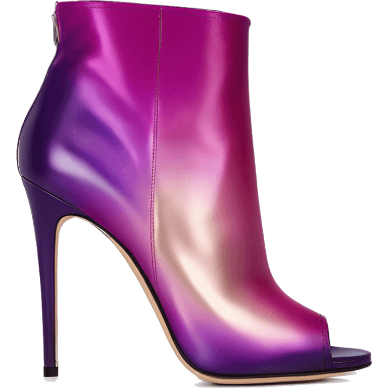 Real isolated top view of a pair of metallic magenta to dark purple ombre Jimmy Choo stiletto peep toe ankle bootie boots.  emoji