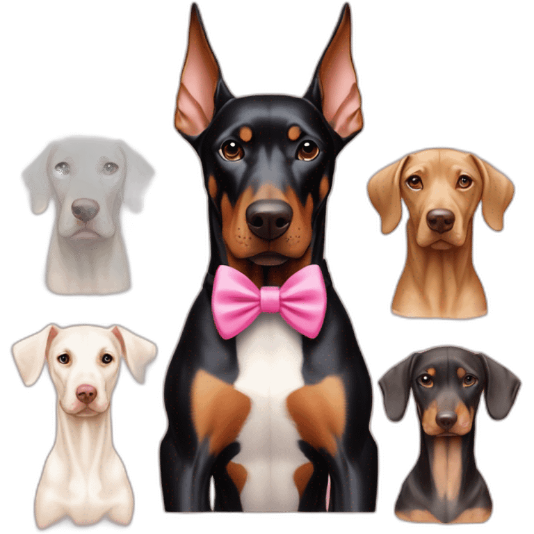 doberman-with-a-pink-bow-tie,-next-to-an-albino-and-a-light-brown-dobermans emoji