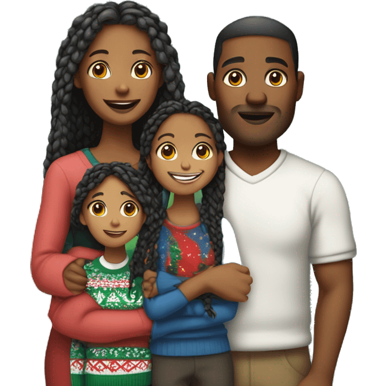 Black family of four members with Dad, Mom, Son, and Daughter. The Son and Daughter are teenagers. The Mom has braids. The Dad is light skinned.All family members are wearing Christmas sweaters and Santa hats.  emoji