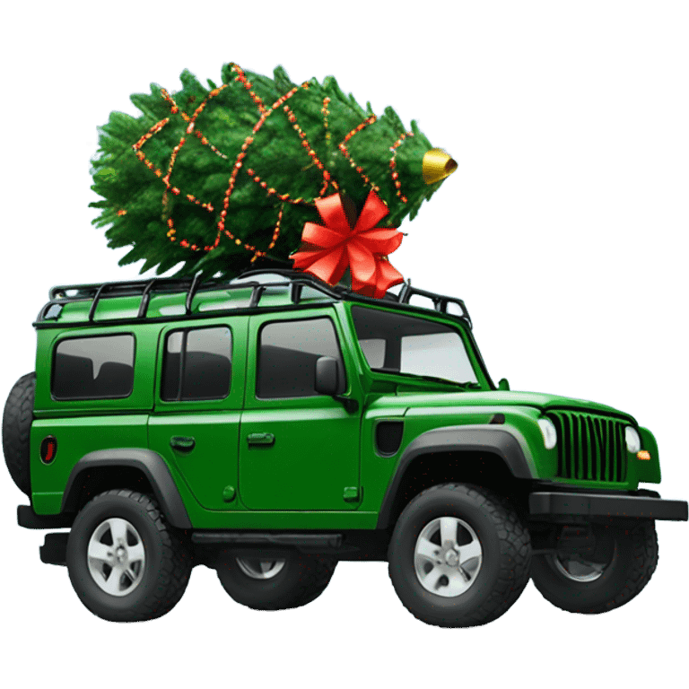 Green Grenadier or defender jeep with Christmas tree on the roof with Christmas lights  emoji