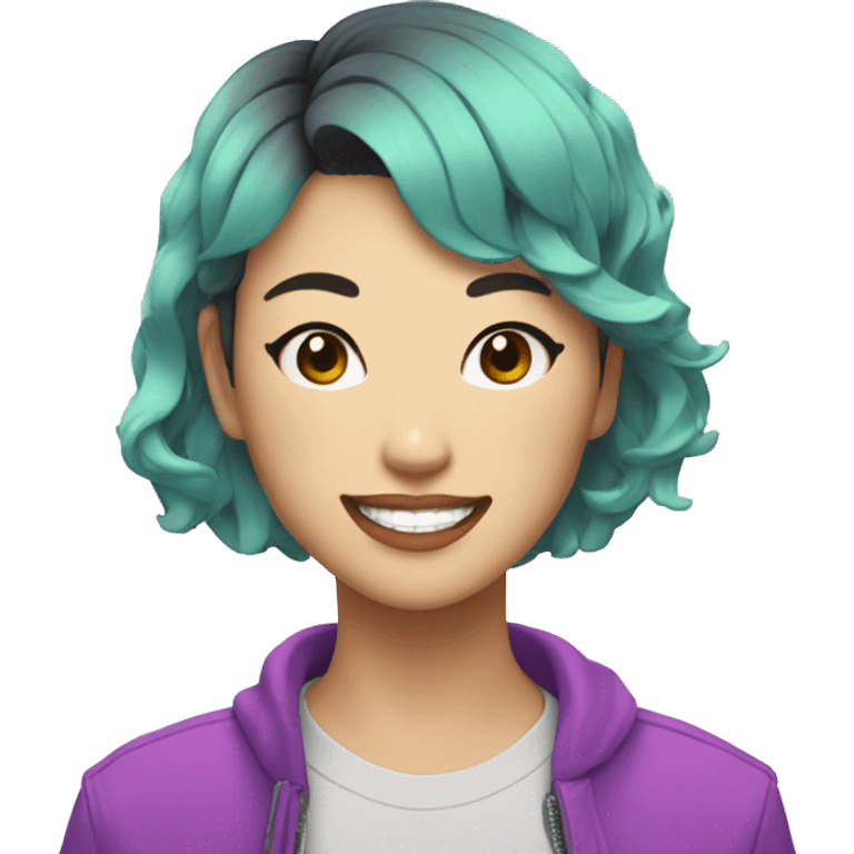 a short-haired Taiwanese lesbian with smile, with vapor wave style as a designer emoji