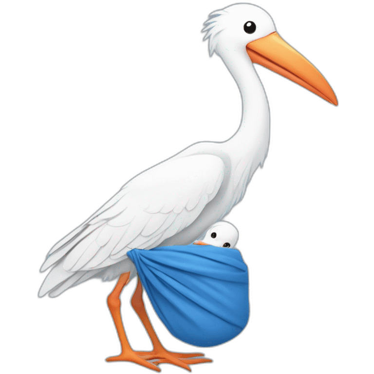 White stork carrying a blue bundle of cloth in its big beak that has a human person cute baby human inside and the human baby head is peeking from the fabric the strok is carrying in its beak emoji