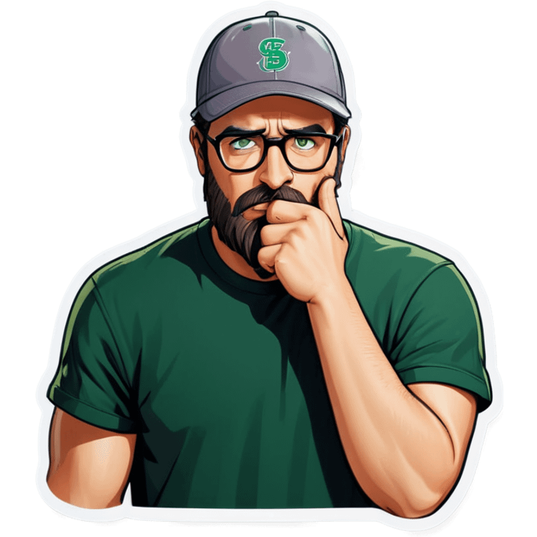 A man with a grey baseball cap, green eyes, big dark brown beard and glasses, facepalm emoji