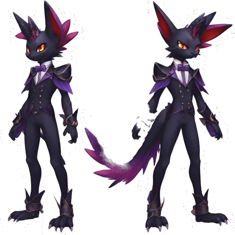 cool anthro evil black purple red ethereal fantasy nargacuga-Noivern-cat-Fakemon collar harness bow tie and bracers full body emoji