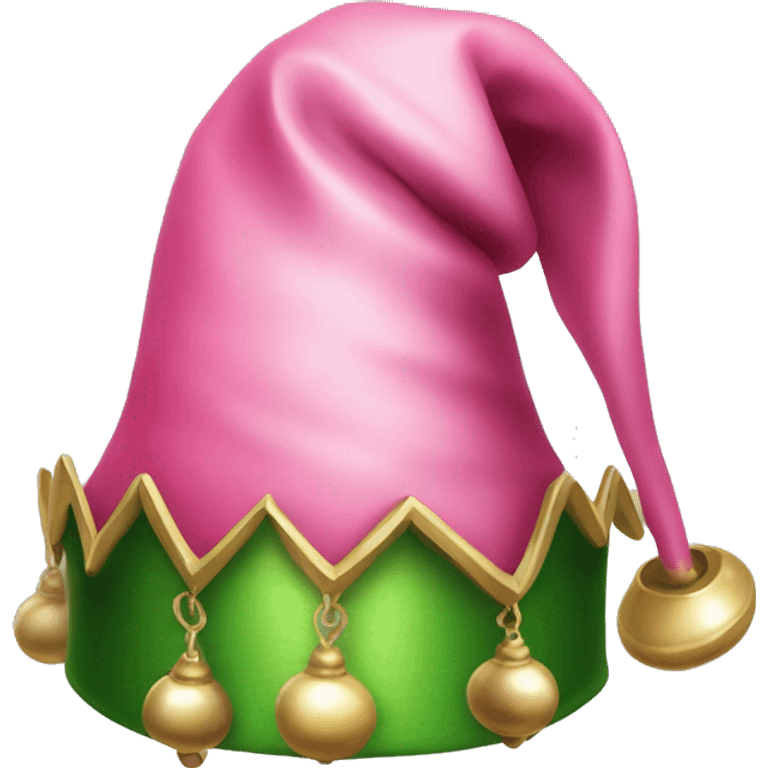 Realistic isolated pink and green elf hat with bells. emoji