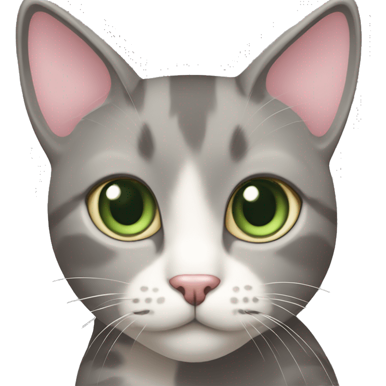 grey and tan cat with cream pattern on her forehead. Green eyes and a pink nose emoji