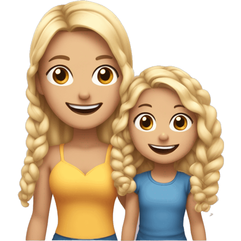 An emoji of a blonde mother with very long hair and a cheerful expression, standing next to her 3-year-old daughter, a small girl with black hair styled in two braids, both smiling happily together emoji