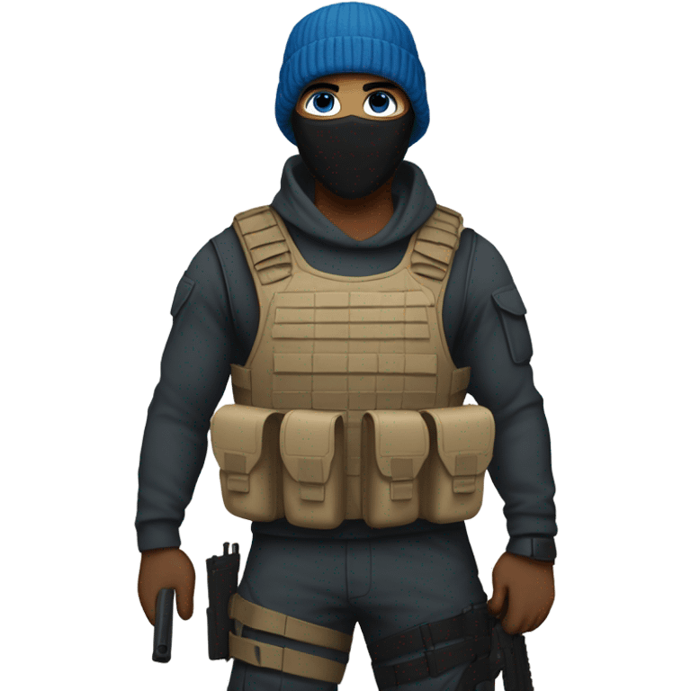 White male, face mask, tan tactical gear, combat boots, gun, black beanie, blue eyes emoji