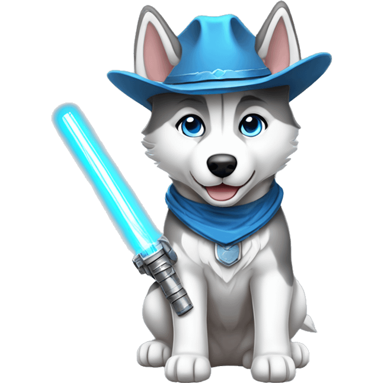 Gray Siberian Husky with blue eyes puppy wearing a cowboy hat dressed in Jedi clothing Holding a Lightsaber with the Paw emoji