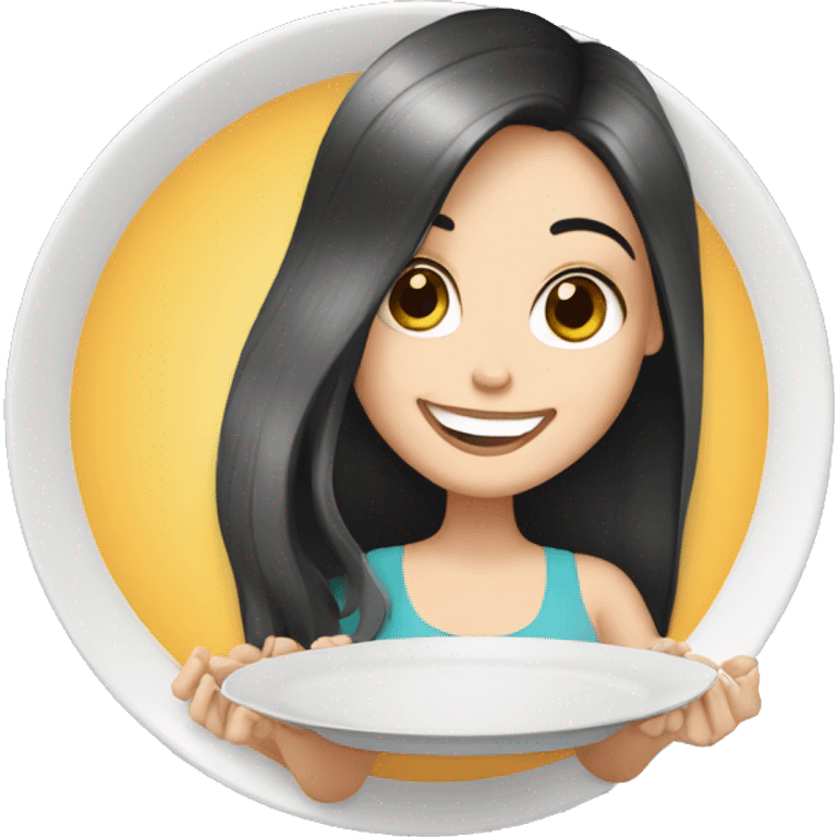 white girl with long black hair smiling and holding a plate emoji