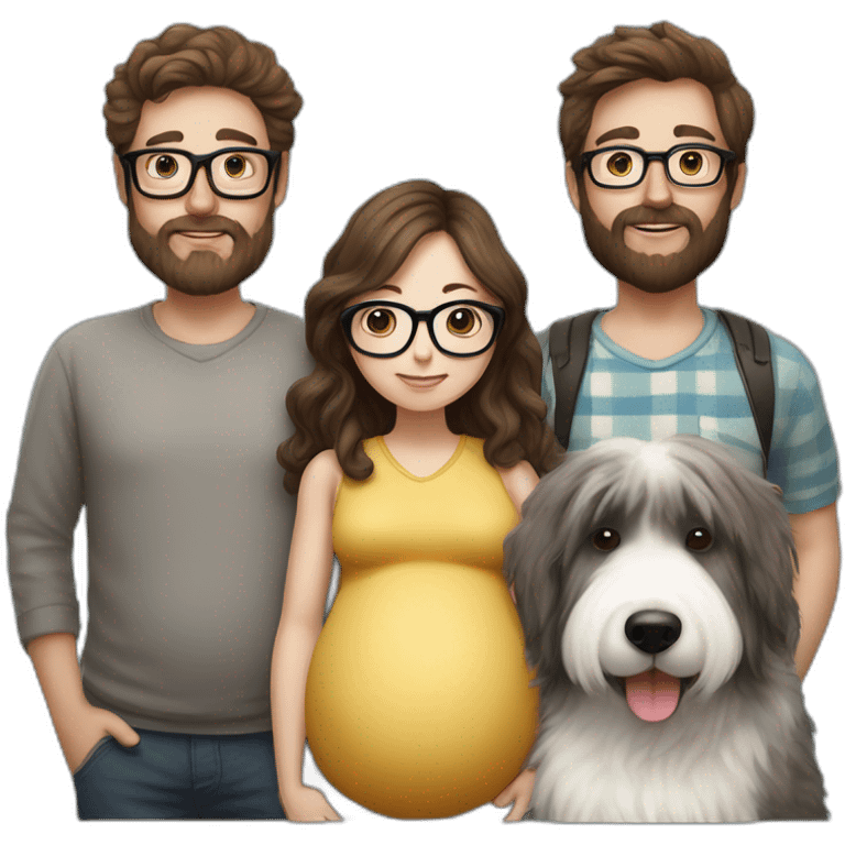 Hyperrealist pregnant girl with half long brown hair with glasses, a boy with long beard, glasses and short hair and english sheepdog emoji